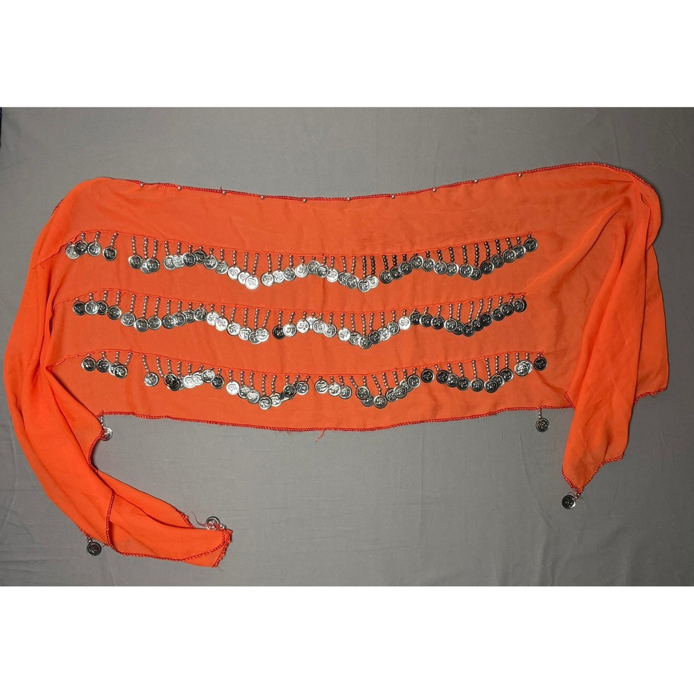 Orange Chiffon Belly Dance Hip Scarf Silver Coin Wrap Belt Festival Costume